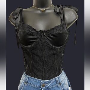 Black Lace Corset Bodysuit with Tie Up Straps